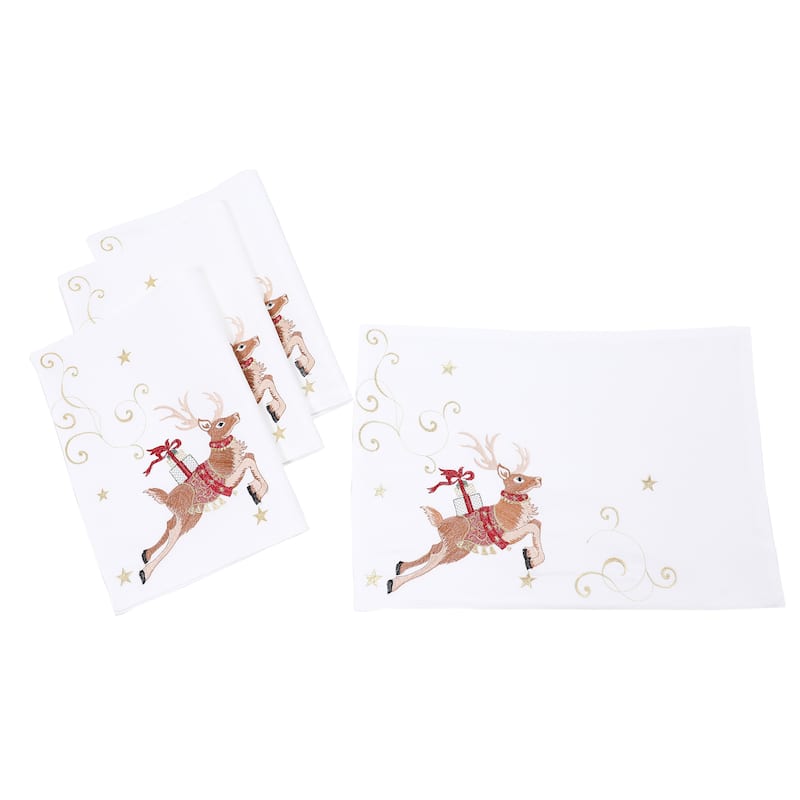 Reindeer with Gifts Embroidered Christmas Placemats 14"x20", Set of 4